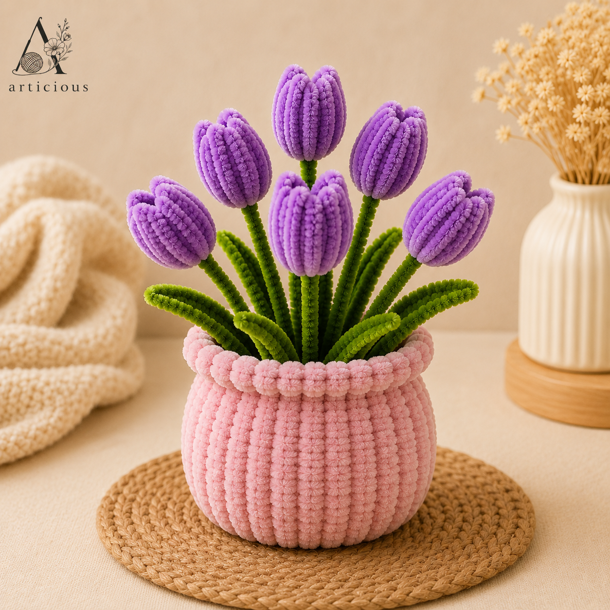 Handmade Pipe Cleaner Purple Tulip Pot | Chenille Flower Pot | Home Decor | Articious