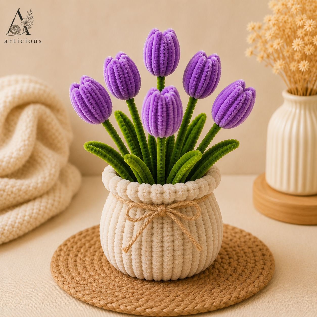 Handmade Pipe Cleaner Purple Tulip Pot | Chenille Flower Pot | Home Decor | Articious