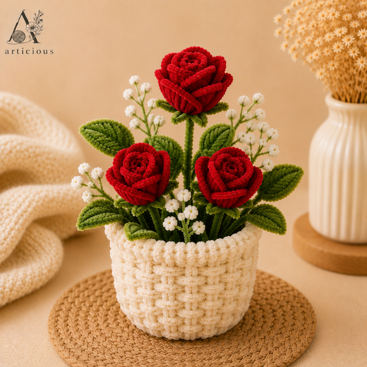 Handmade Pipe Cleaner Red Rose Pot | Chenille Rose Flower Pot | Handmade Home Decor | Articious