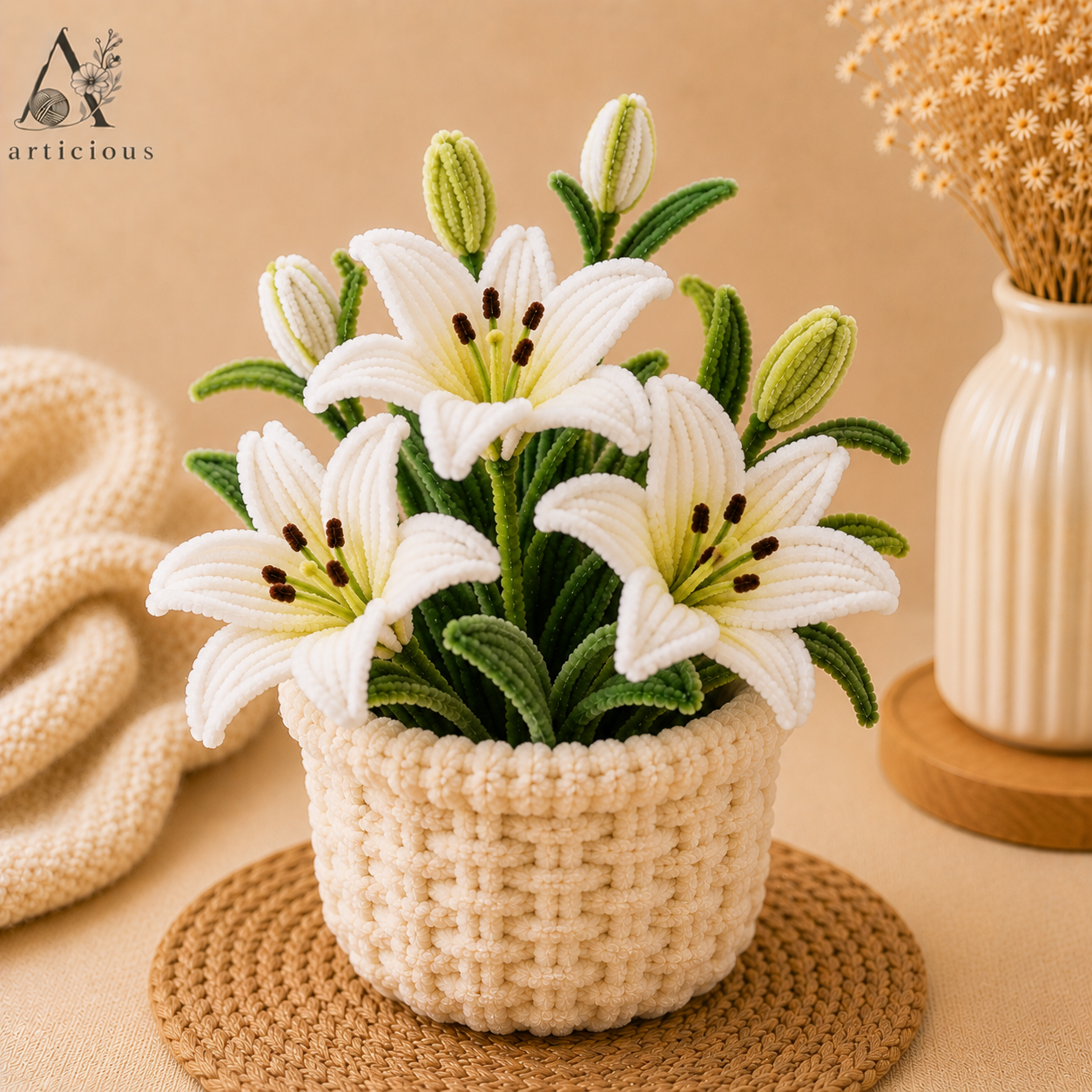 Handmade Pipe Cleaner White Lily Pot | Chenille Lily Flower Pot | Premium Home Decor | Articious