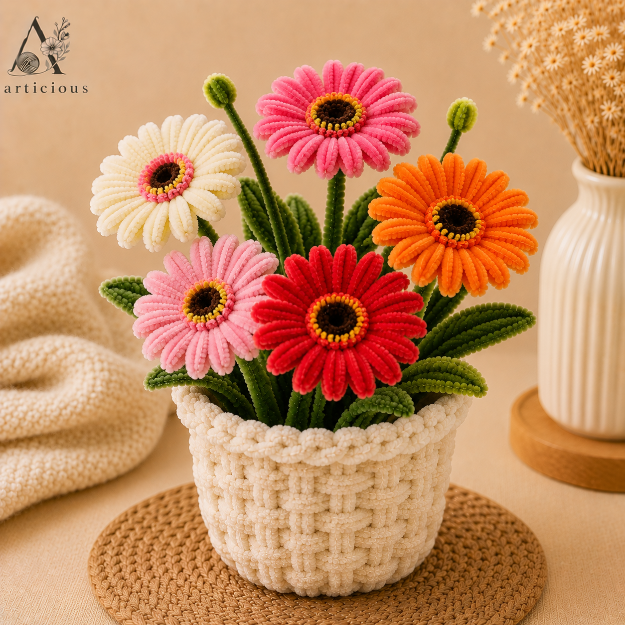 Handmade Pipe Cleaner Gerbera Pot | Chenille Gerbera Flower Pot | Premium Home Decor | Articious