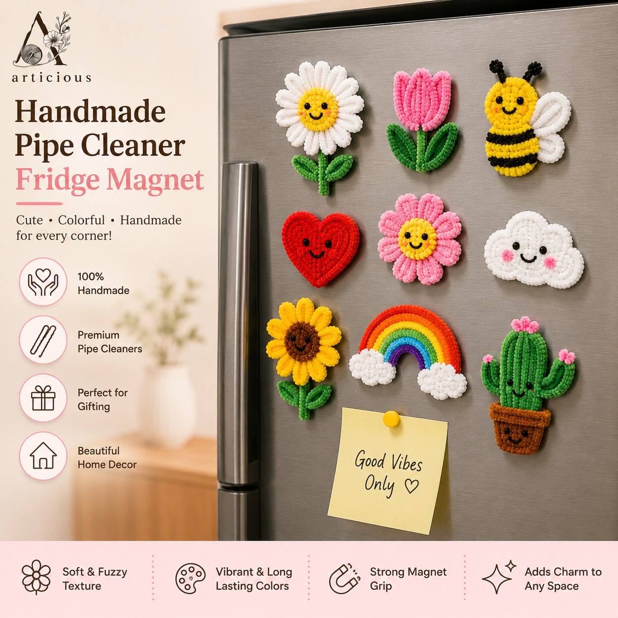 Handmade Pipe Cleaner Fridge Magnets Set of 9 | Decorative Refrigerator Magnets | Articious