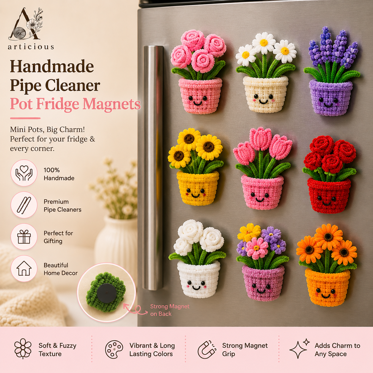 Handmade Pipe Cleaner Flower Pot Fridge Magnets Set of 9 | Mini Pot Magnets | Articious